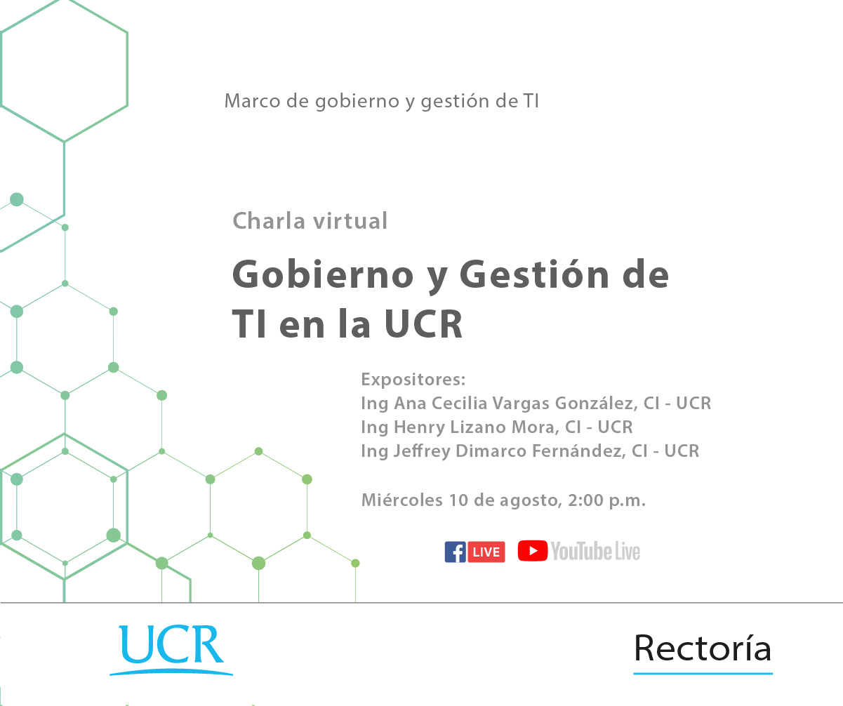 Imagen sobre charla Gobierno y Gestión de TI en la UCR, fecha y nombre de expositores
