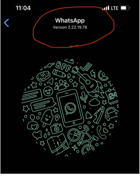 Captura de pantalla de la aplicación WhatsApp donde se muestra el número de versión en iPhone