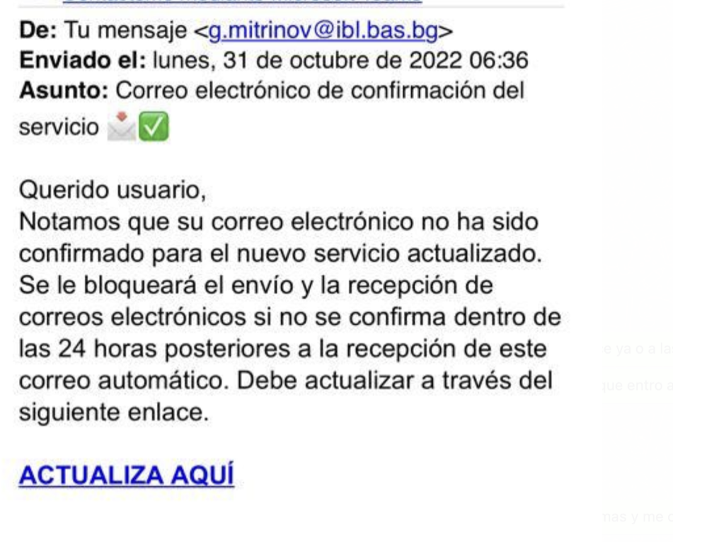 screenshot del correo malicioso 