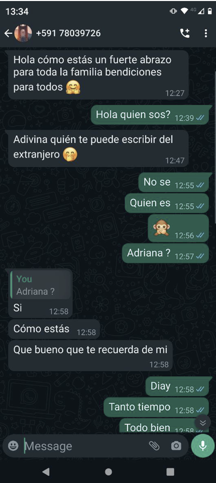 Captura de pantalla de ejemplo de estafa en WhatsApp