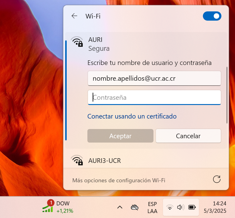 Credenciales de acceso a Auri en Windows